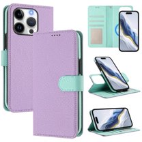 For iPhone 12 Pro Max RFID Blocking Protective Purse 2-in-1 Detachable Bicolor Wallet Case Magnetic Flip Cover Multi-Card Slots Pocket With Wrist Strap Phone Case,Purple,For iPhone 12 Pro Max