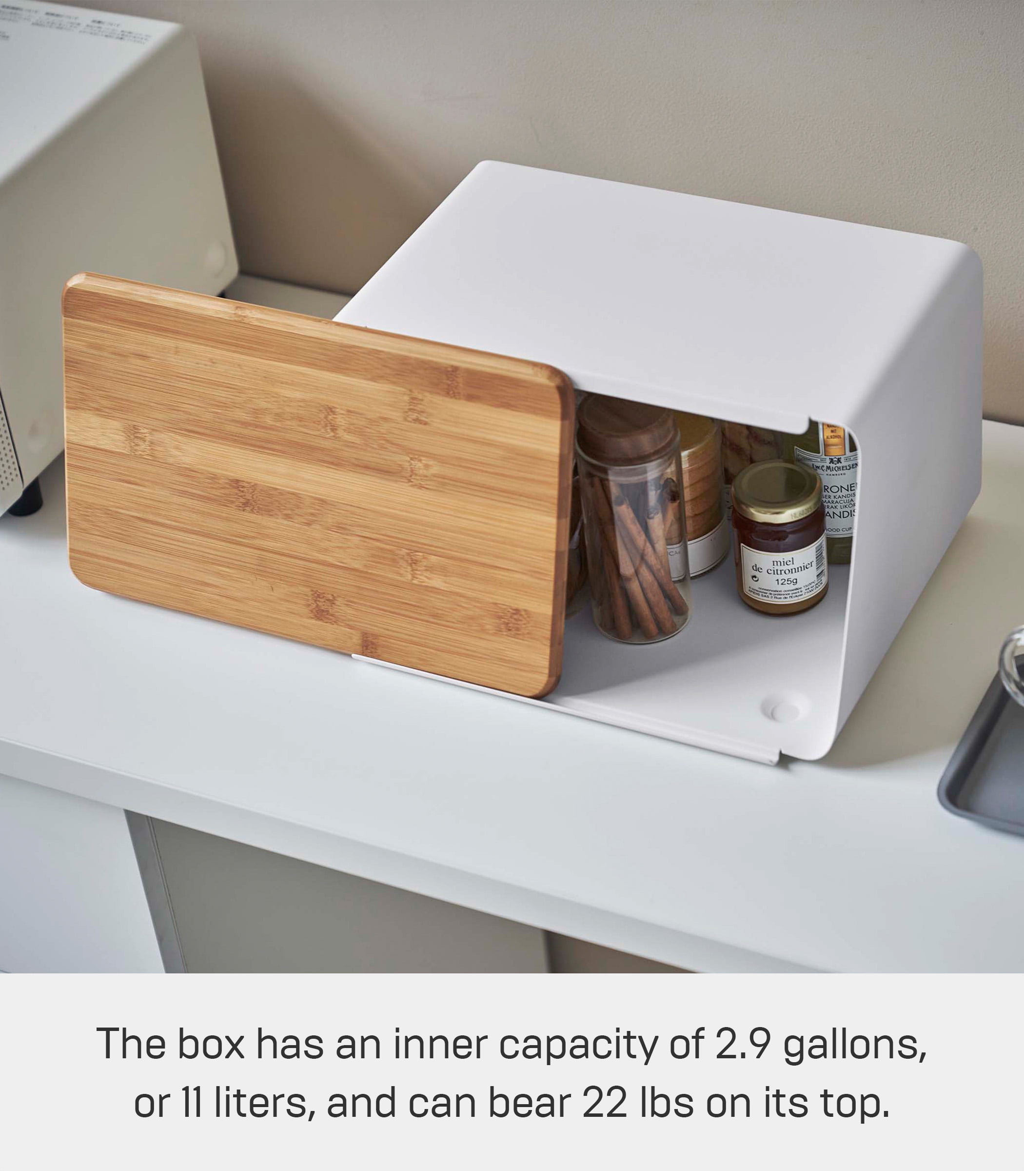 Yamazaki Home Bread Box with Cutting Board Lid, White, Steel + Bamboo, Lid, No Assembly
