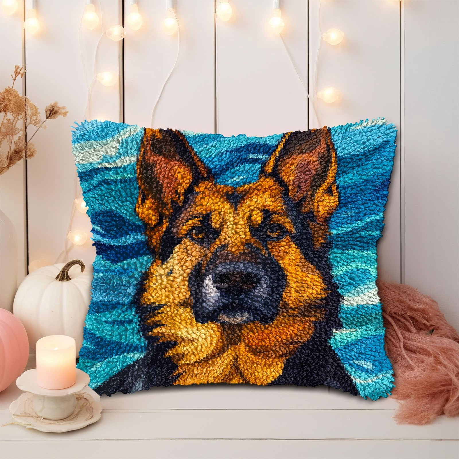 DIY Latch Hook Pillow Kits for Adults German Shepherd Dog Printed Pillowcase Crochet Yarns Hooking Handmade Pillow Cover Cushion for Home Sofa Decoration 17x17inch-1