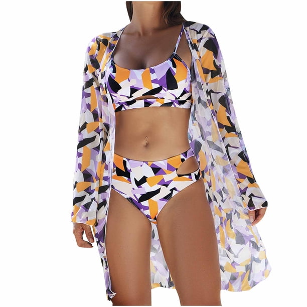 Trajes de Baño de Bikini de Mujer con Correas Impresas V Sexy Split Set de Tres Piezas, Diseño de Corte Alto para la Piscina de Playa Y las Vacaciones de Verano