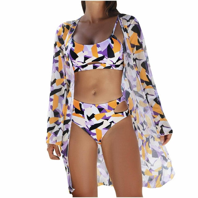 Trajes de Baño de Bikini de Mujer con Correas Impresas V Sexy Split Set de Tres Piezas, Diseño de Corte Alto para la Piscina de Playa Y las Vacaciones de Verano