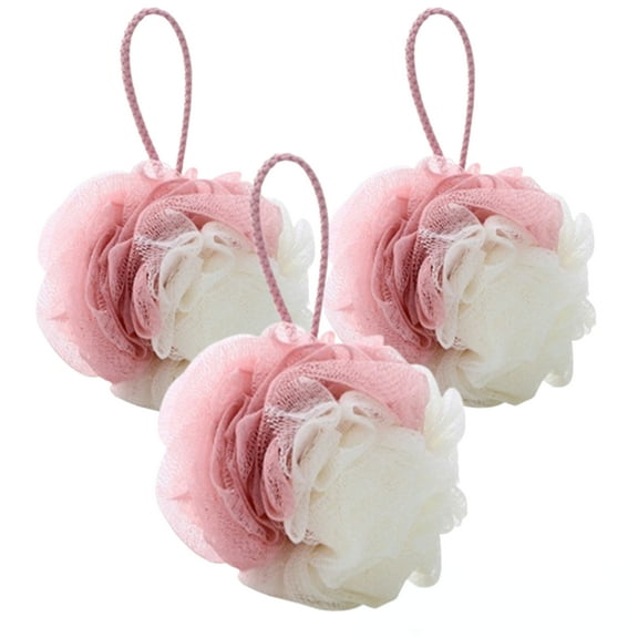 Bxaolu Loofah Bath Shower Sponge Body Scrubber, Pink White Exfoliate Mesh Pouf Shower Bouquet, 3 Pack Body Wash for Women and Men (3Pcs)