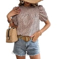 thumbnail image 1 of Blusa de manga corta con cuello redondo y fruncido para mujer, blusa con puños elásticos y estampado de leopardo a la moda de verano, 1 of 8