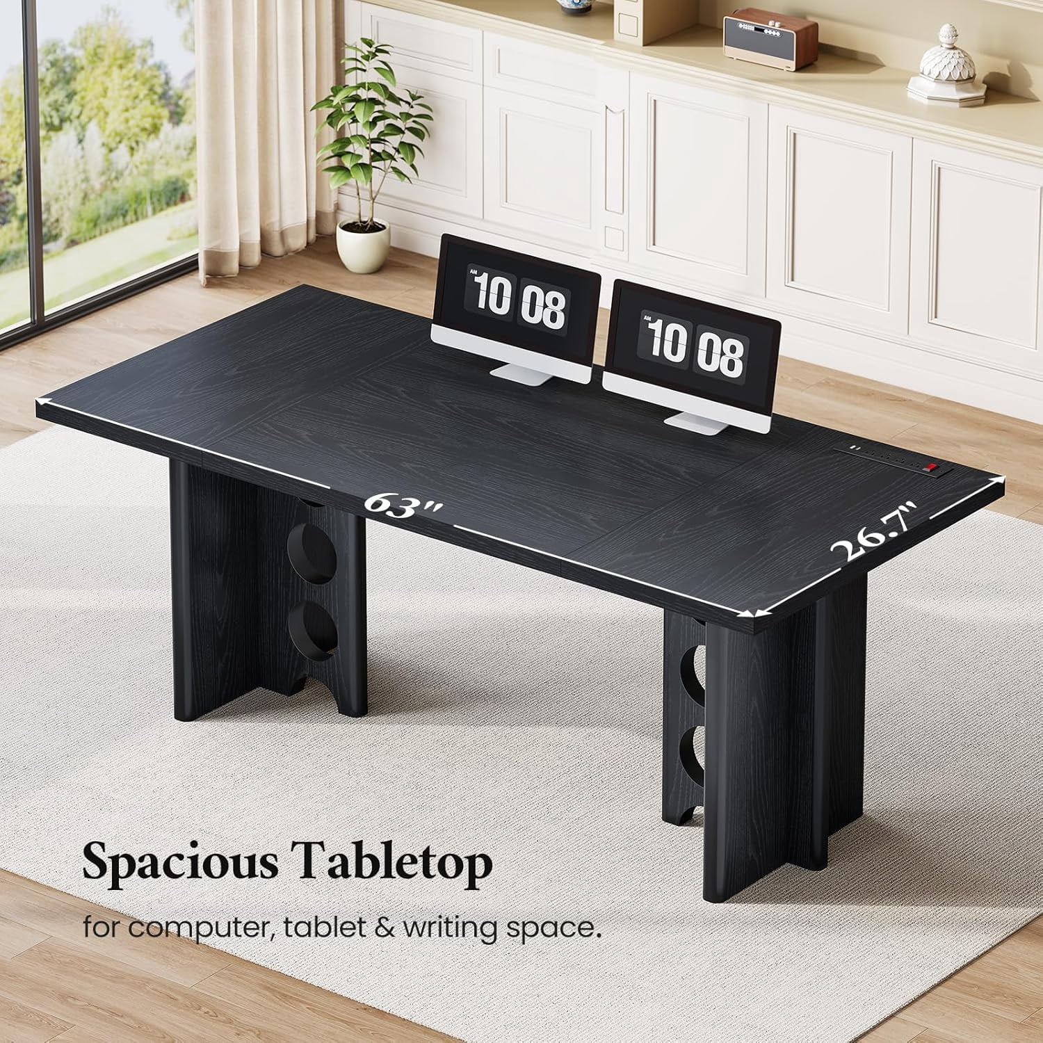 63 Inch Executive Desk with Power Outlet, Modern Computer Office Desks, Large Laptop Desk Writing Table Workstation Business Furniture for Home Office, Black