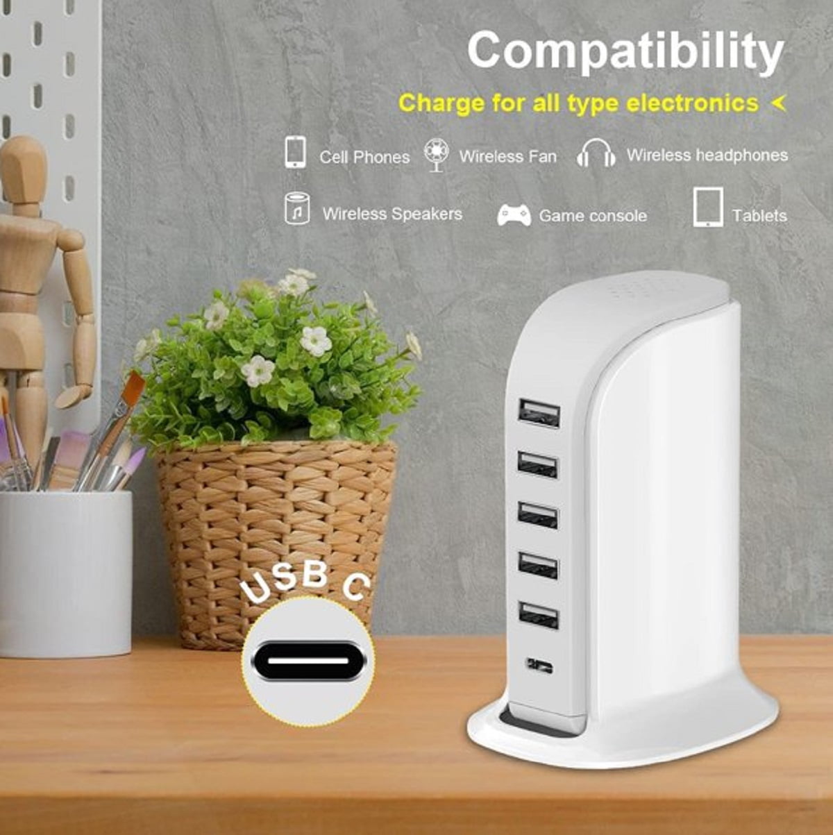 Charging Station for Multiple Devices 40W Upoy, Wall Charger Block 5 USB Ports(Shared 6A), USB Charging Hub Smart IC, Charger Tower with Type-C 3A for iPhone iPad Tablets Smartphones, Home Office Use