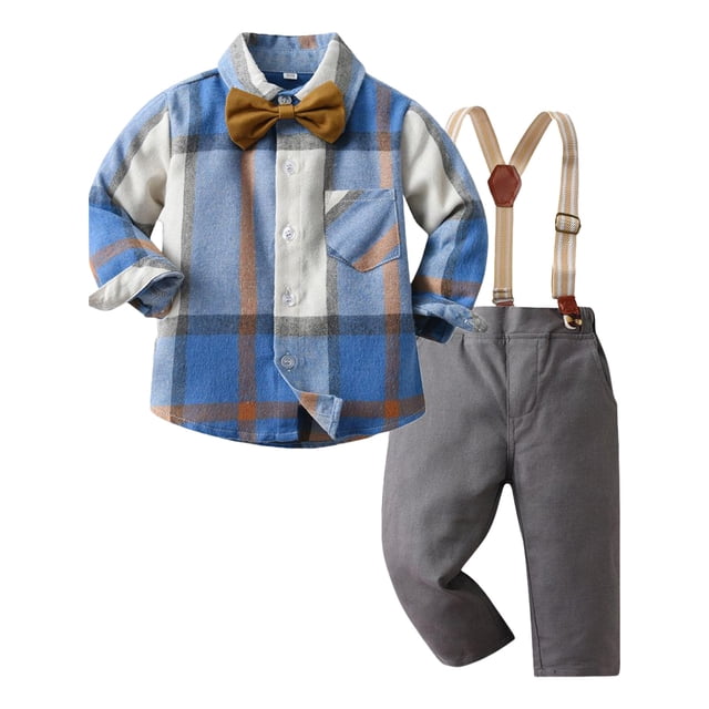 Gibobby Conjunto de pants para niño Camisa de manga larga para niños pequeños, Tops y pantalones, 3 uds., conjunto de pajarita de para niños y monos(Azul celeste, 18-24 Meses)