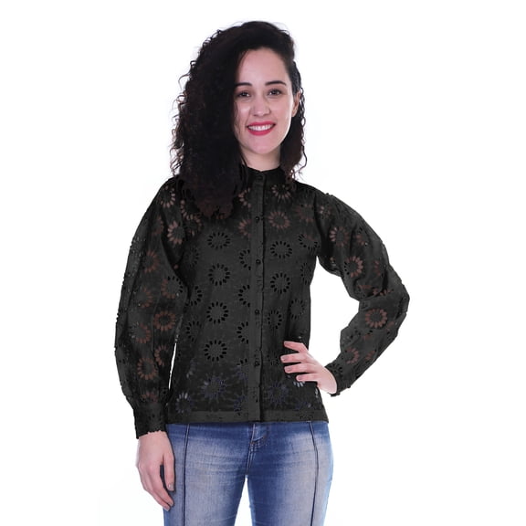 Moomaya Womens Button Down Top Solid Schiffli Cotton Full Sleeve Casual Summer Kurta Shirt