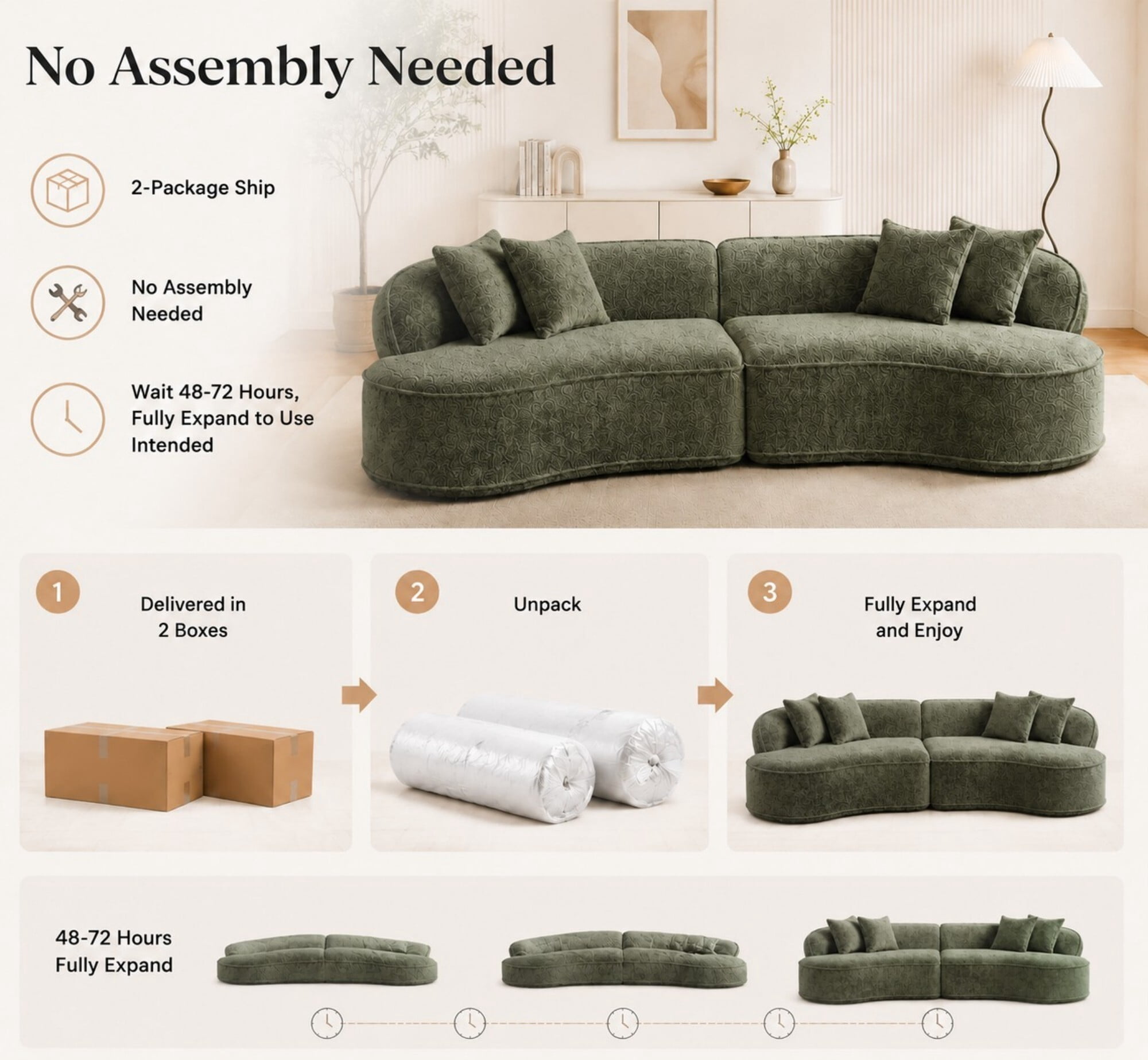 DEALTOPS 114" Modular Boucle Curved Sectional Sofa, 4-Seater Cloud Couch with No Assembly, Green