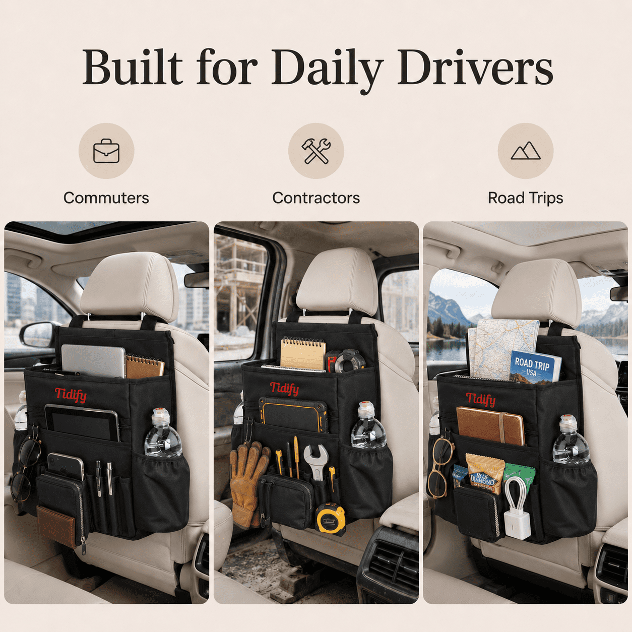 Tidify Car Seat Back Organizer with Adjustable Straps, Compartments, and Pockets for Laptop and Tablet, 1 Pack