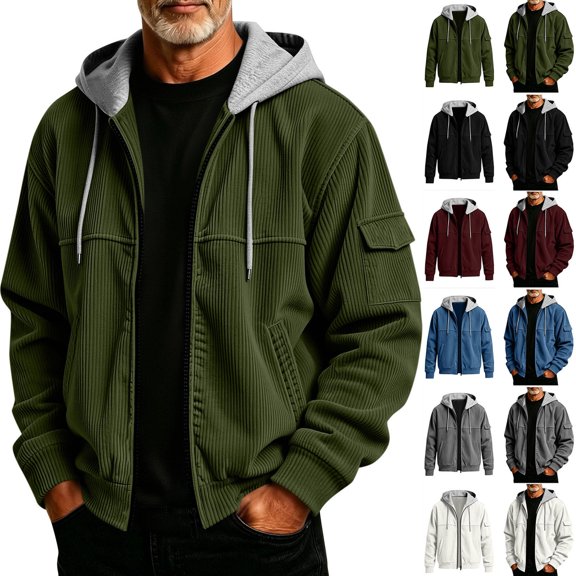 Men's Jackets Dqueduo Men's Fashion Casual Solid Color Corduroy Hooded Zipper Pocket Long Sleeve Cardigan Jacket Army Green XL