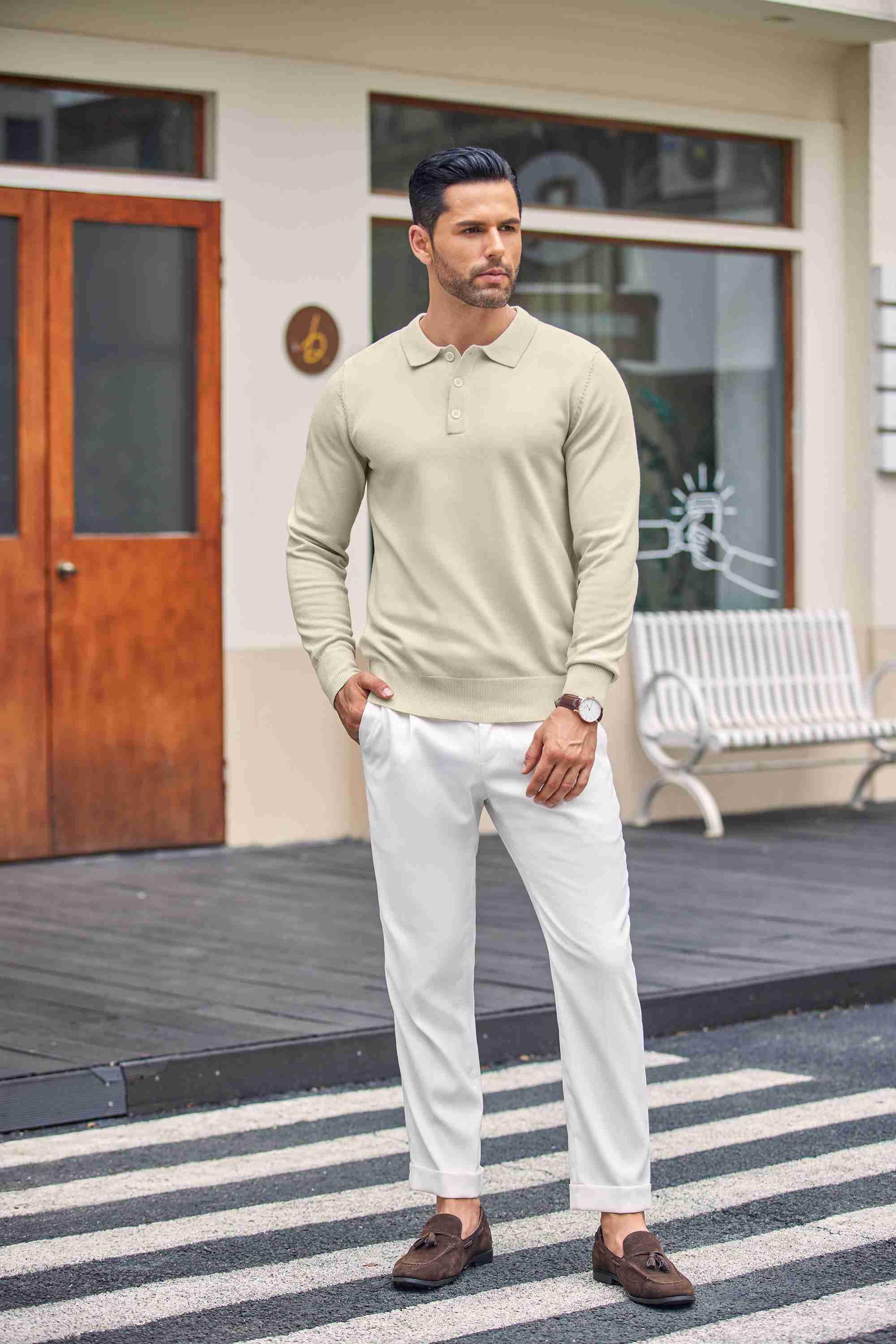 COOFANDY Men's Classic Polo Shirts Long Sleeve Casual Dress Shirts Fitted Business Shirts Denim Blue