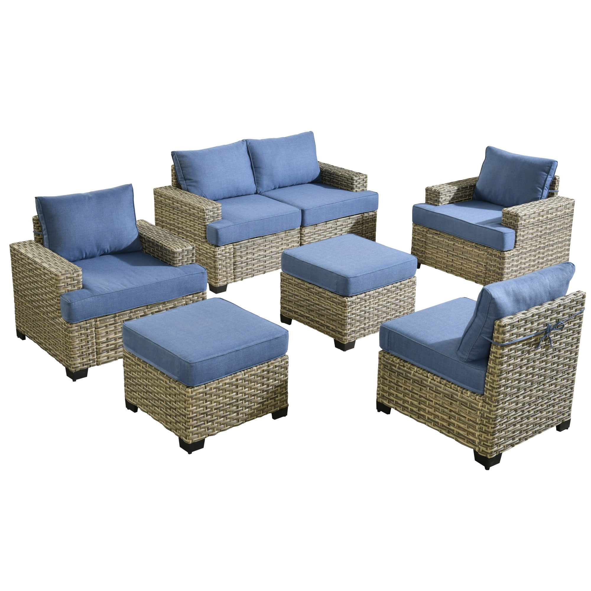 XIZZI Wicker Patio Furniture 7 Pieces Rattan Outdoor Conversation Set All Weather Modular Sectional Sofa Patio Chair Set with Cushion Ottoman for Porch, Diamond Blue