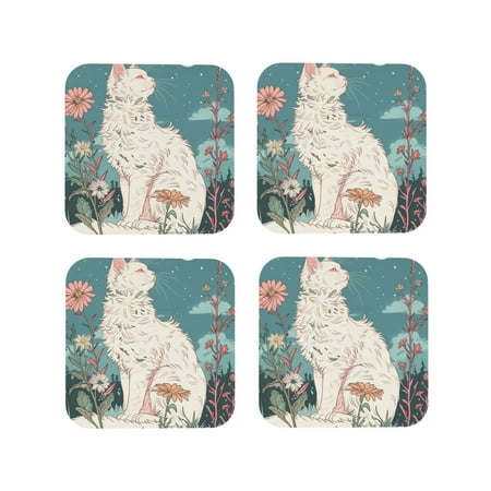 

Tideii Celestial Cat And Flowers for Leather Coasters 4 Pieces Anti-fouling and Anti-scalding Decorative Coasters Suitable for Restaurants Kitchens Coffee Shops-Square