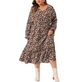 thumbnail image 2 of Vestido de mujer de talla grande Agnes Orinda, estampado floral bohemio, con cuello en V, mangas largas, dobladillo con volantes, largo 4X marrón, 2 of 6
