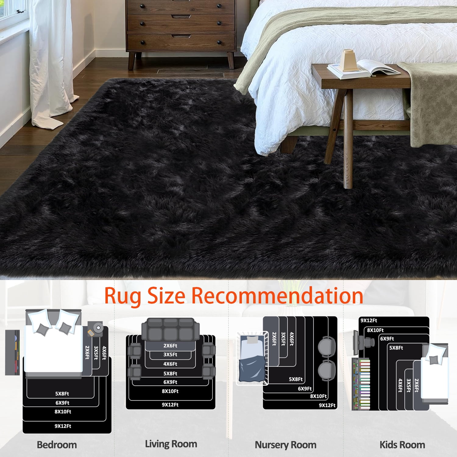 Jingle bears 8x10 Area Rug Black Fuzzy Washable Faux Sheepskin Fur Rug Large Rug for Living Room Bedroom Rectangle