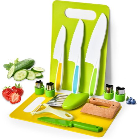 13 Pieces Montessori Kitchen Toys for Toddlers-Kids Cooking Sets Real-Toddler Toys Set for Real Cooking with Plastic Children Safe Knives Crinkle Cutter Kids Cutting Board
