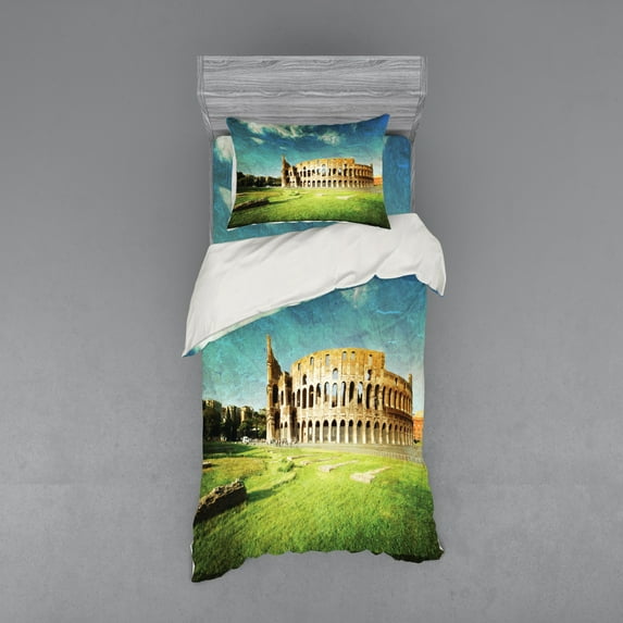 Ambesonne Vintage Bedding Set 3 Pcs, Italian Sunset Rome, Twin, Green Blue