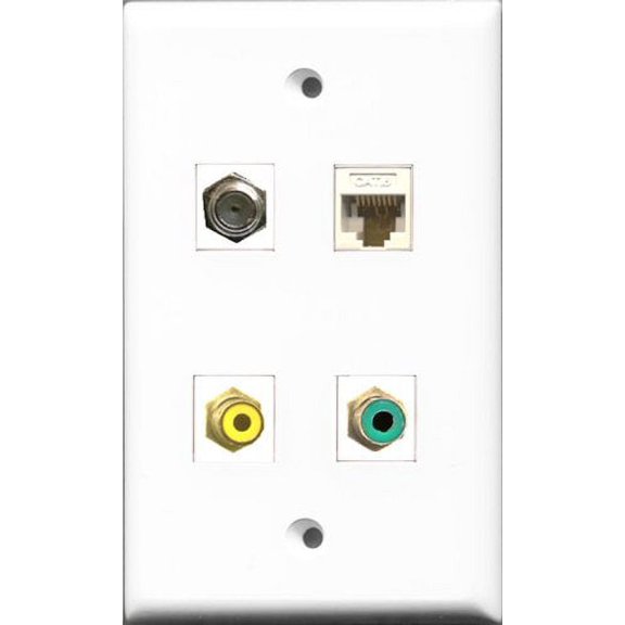 RiteAV 1 Port RCA Yellow and 1 Port RCA Green and 1 Port Coax Cable TV- F-Type and 1 Port Cat6 Ethernet White Wall Plate