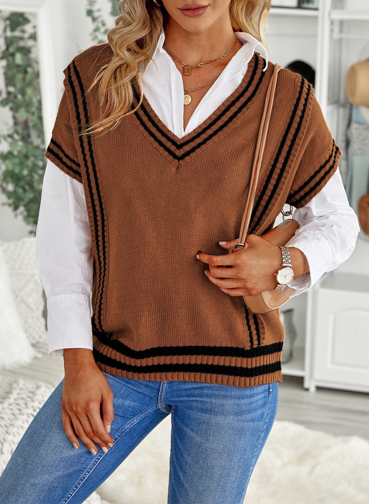 Dokotoo Womens Brown Sweater Vest Oversized V Neck Short Sleeve Sweaters Cable Knit Tops Loose Pullover Knitted Top for Women, US 18-20(2xl), Women's,