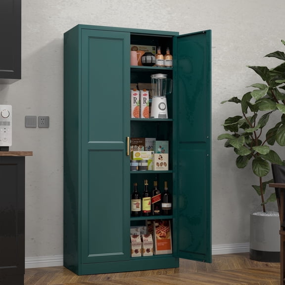 UNICOLY Kitchen Pantry Cabinet,71”Green Metal Pantry Storage Cabinet with Doors and 4 Adjustable Shelves,Tall Cabinet with 2 Gold Handles