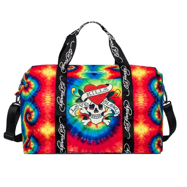 Ed Hardy Unisex Black/Rainbow Skull Tatoo Print Nylon Duffle Bag