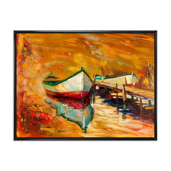 Designart 'Red and White Boats By The Pier' Nautical & Coastal Framed Canvas Wall Art Print