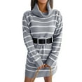 thumbnail image 2 of hirigin Women Knit Dress, Long Sleeve Turtleneck Striped Mini Sweater Dress for Casual Daily, 2 of 7