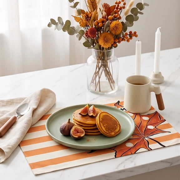 Fall Placemats, 17.71x11.81 Inch Double Sided Pumpkin Placemats with Autumn Maple Leaf Print, Stitched Cotton Linen Table Mat, Rustic Harvest Decor for Kitchen Table Thanksgiving Arrangement