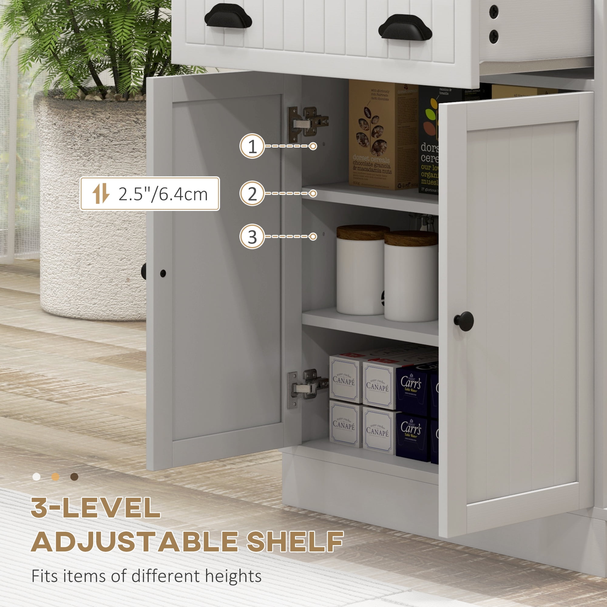 DUOSONG Homcom Microwave Cabinet With Storage Drawer, Double Door Cabinet And Adjustable Shelf, Buffet With Hutch And Cable Hole, Storage Cabinet For Kitchen, Dining Room, Living Room, White White