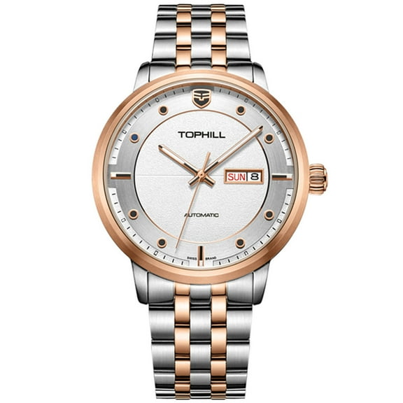 TOPHILL Men Calendar Week Vintage Japanese Analog Automatic Self-Winding Mechanical Wrist Watch Steel Band Sapphire Crystal Waterproof Luminous Business Clock