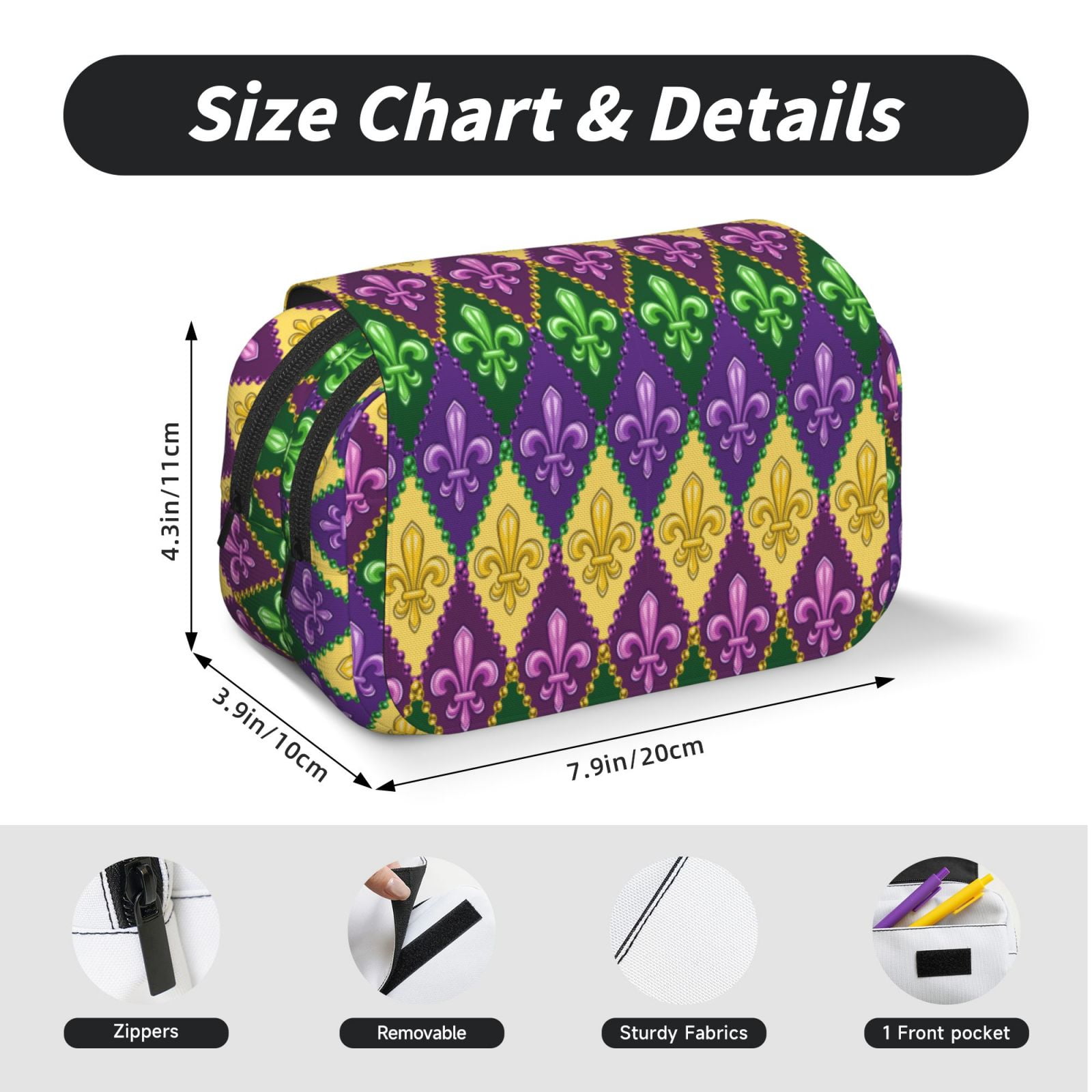 Rateoe Mardi Gras4 Pattern Double Clamshell Pen Case, Storage Organizer with Two Zipper Compartments– Holds Up to 50 Pencils & Pens