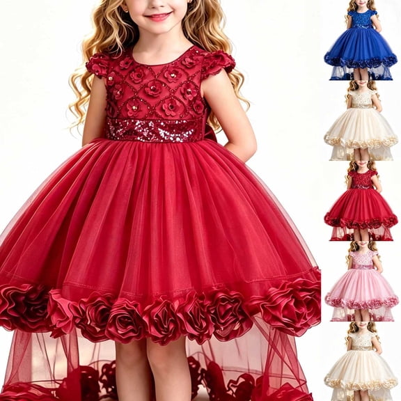 Miluxas Girls Summer Sequin Tulle Flower Girl Dress with Bow for Wedding Birthday Party Wine 12-13Years