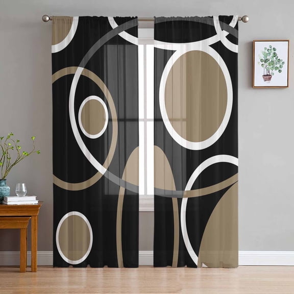 Black Brown Semi Sheer Curtains 63 Inch Length 2 Panels Set, White Circle Modern Minimalist Geometric Sheer Kitchen Curtain Privacy Voile Window Curtain for Living Room Bedroom Rod Pocket Drapes