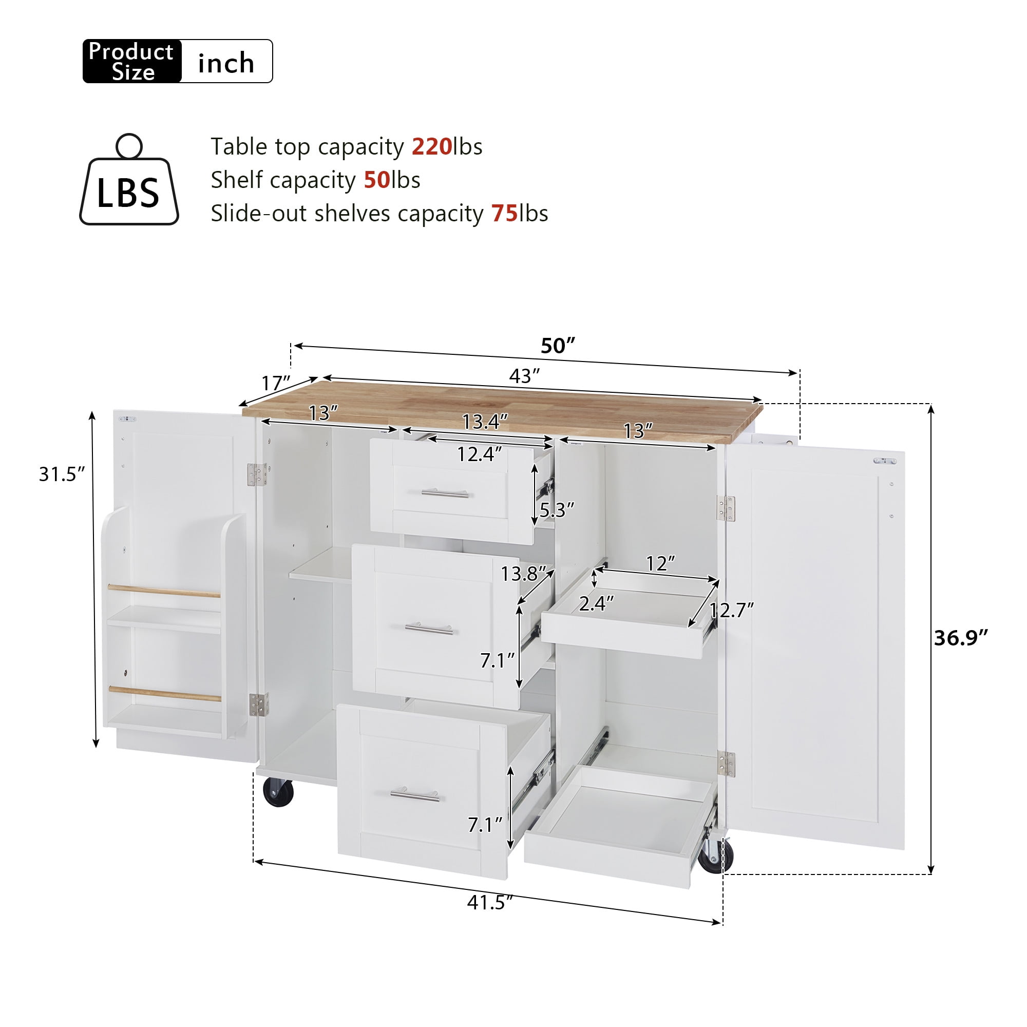 Aukfa Rolling Kitchen Island with Storage, Kitchen Cart W/3 Drawer & 2 Slide-Out Shelf,White