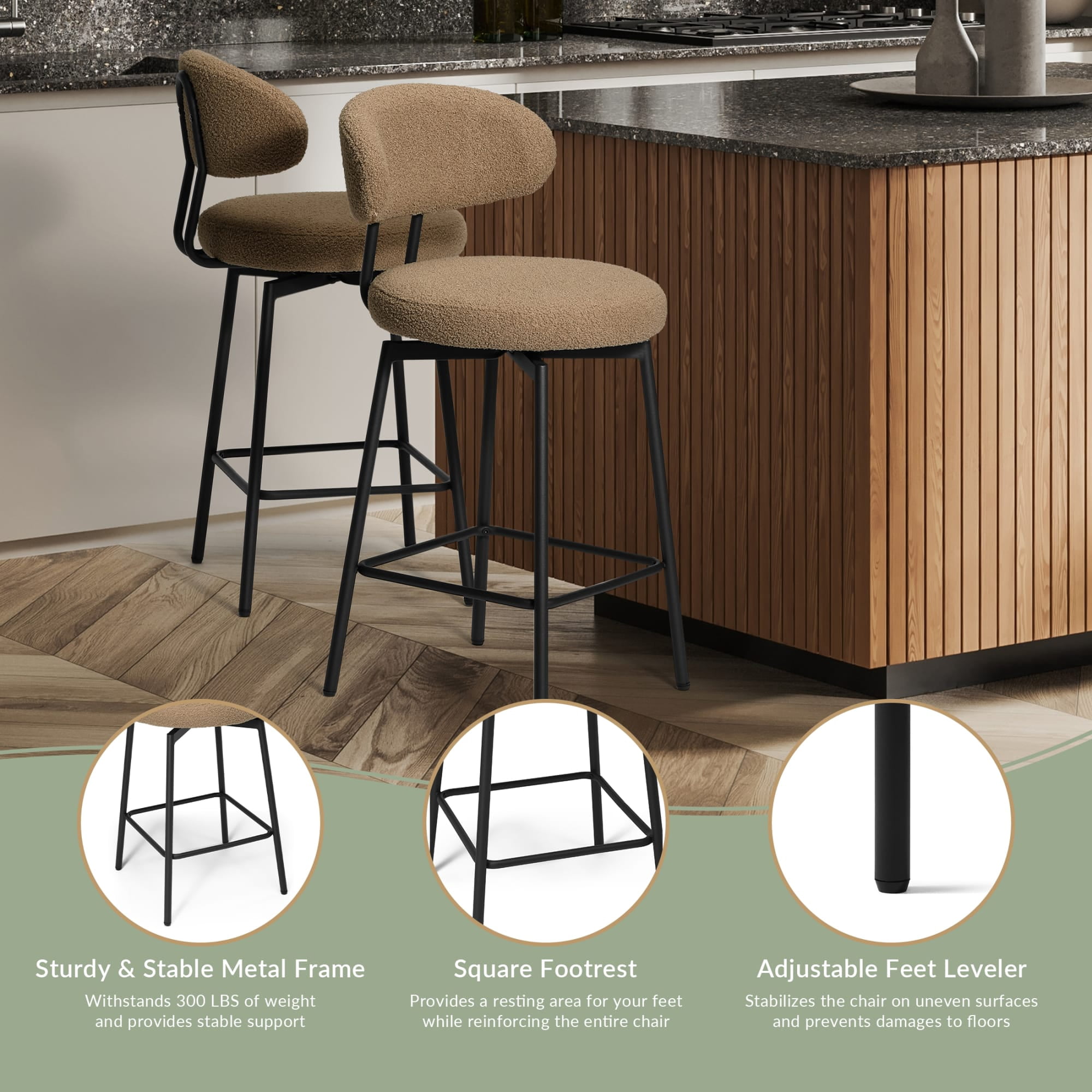 WestinTrends Alexandria Modern Upholstered Sherpa Fabric Counter Height Bar Stools with Back (Set of 2), Camel