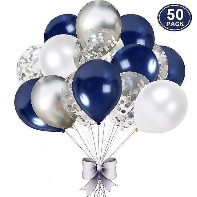 White Blue Silver Balloon, 50 Pieces 12 Inch Navy Blue Balloon, Silver Confetti Balloon, White Silve