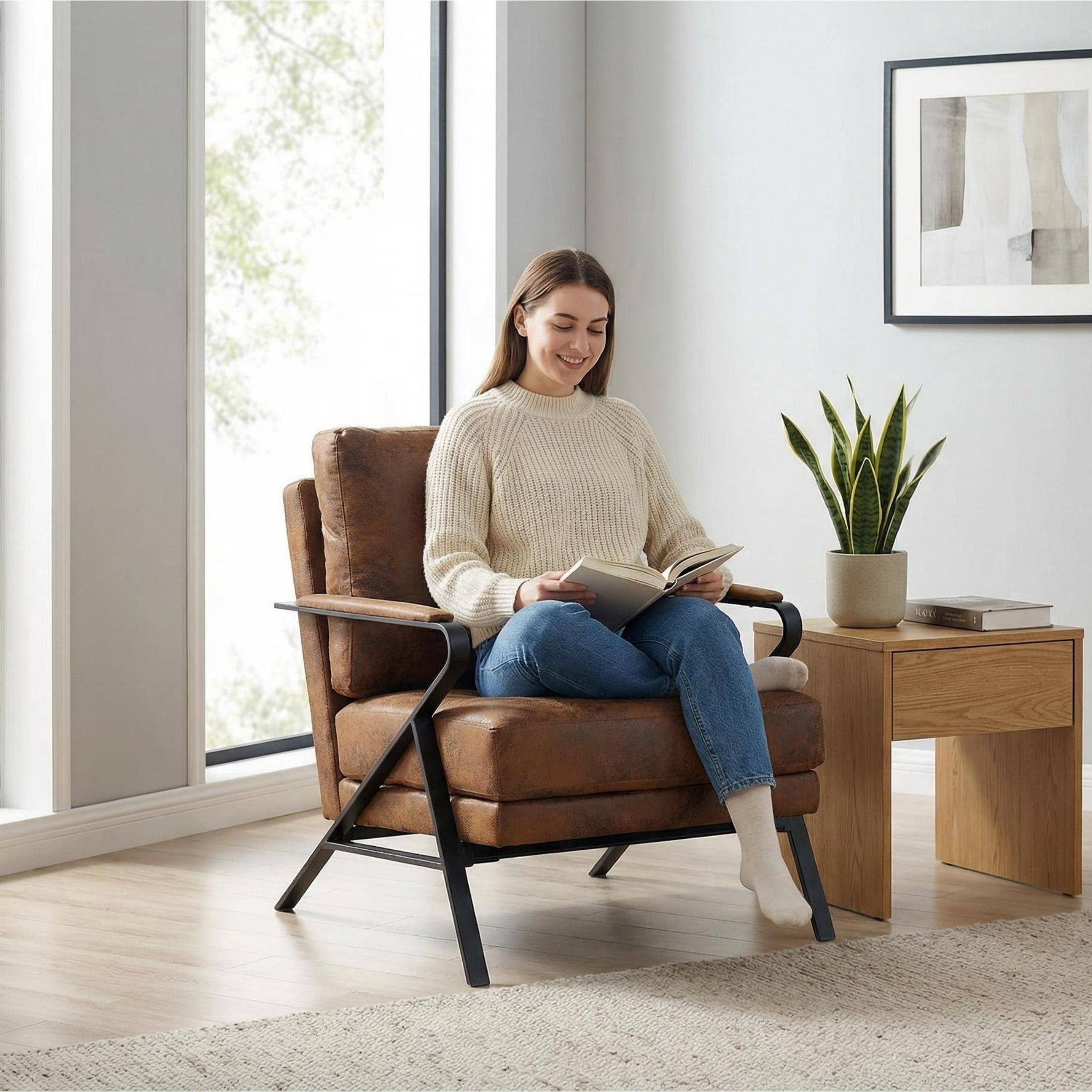 Vinform Mid-Century Accent Chair, Arm Chair with Upholstered Thicker Cushion, Metal Frame for Living Room, Caramel Brown