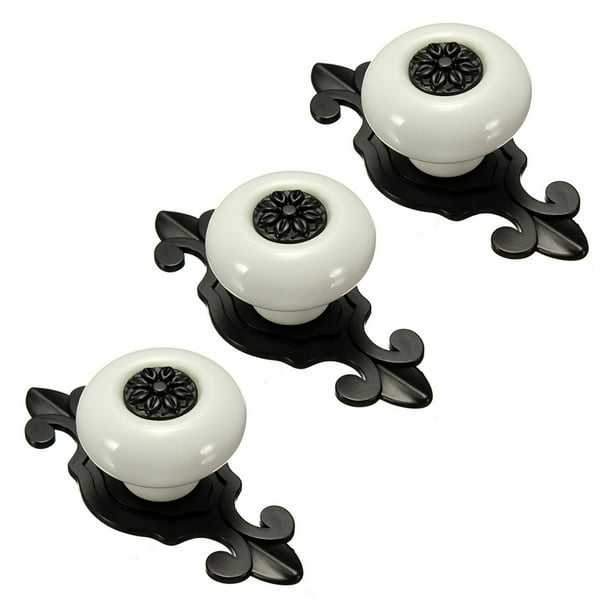3X Perillas para Puertas de Ceramica Vintage para Cajon Armario Manija del Tiron del Guardarropa Mango Blanco + Negro