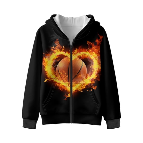 Xixirimido Fire Heart Basketball Pattern Girls Boys Zip-Up Hoodies Kids Fall Winter Warm Sweatshirt Jacket with Pocket Youth Long Sleeve Pullover Top Teen Outfits for 6-8 Years
