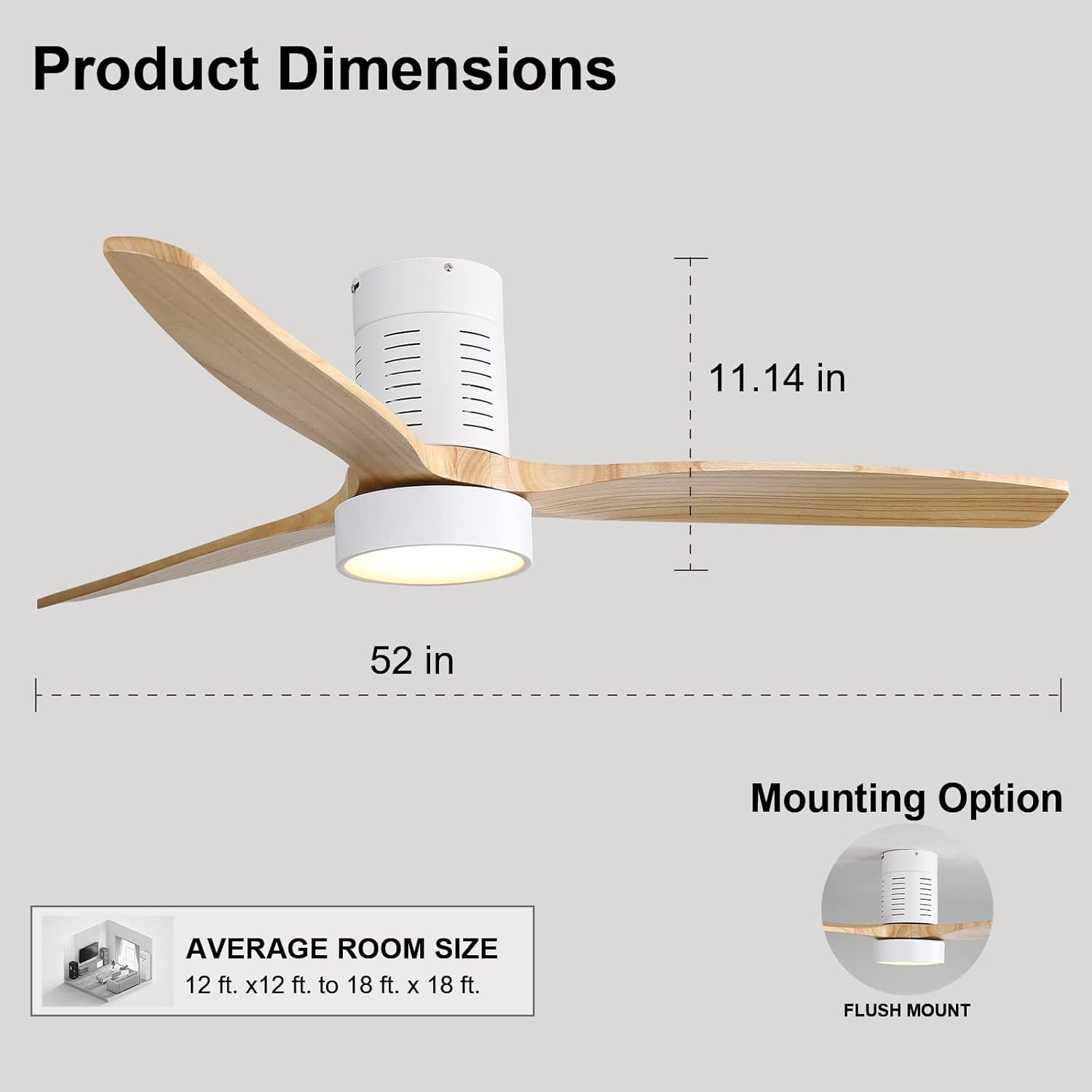 Sofucor 52 In Ceiling Fan Flush Mount Modern Wood Blades With Light Remote - 6 Speed, LED