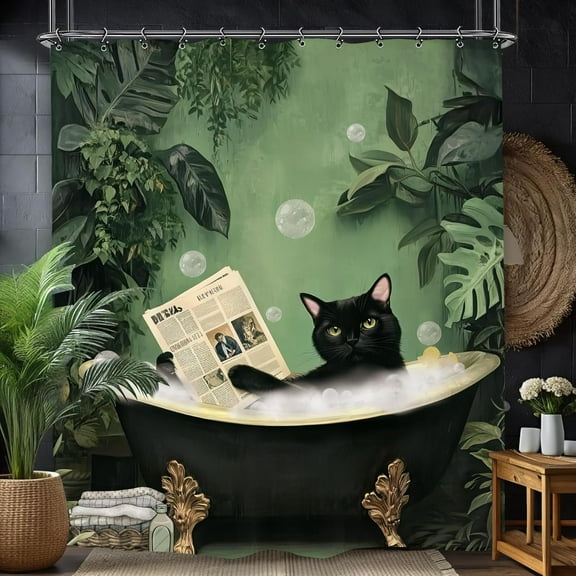 Funny Cat Bathroom Shower Curtain 66x72 inch Animal Hilarious Vintage Tropical Plant Leaves Polyester Fabric 12 Plastic Hooks Waterproof Decor