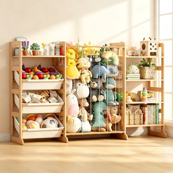 ICEELF Solid Pine Toy Storage Organizer with Stuffed Animal Storage, 5-Tier Kids Bookshelf, 3 Removable Bins, Anti-Tip Design for Playroom, Nursery
