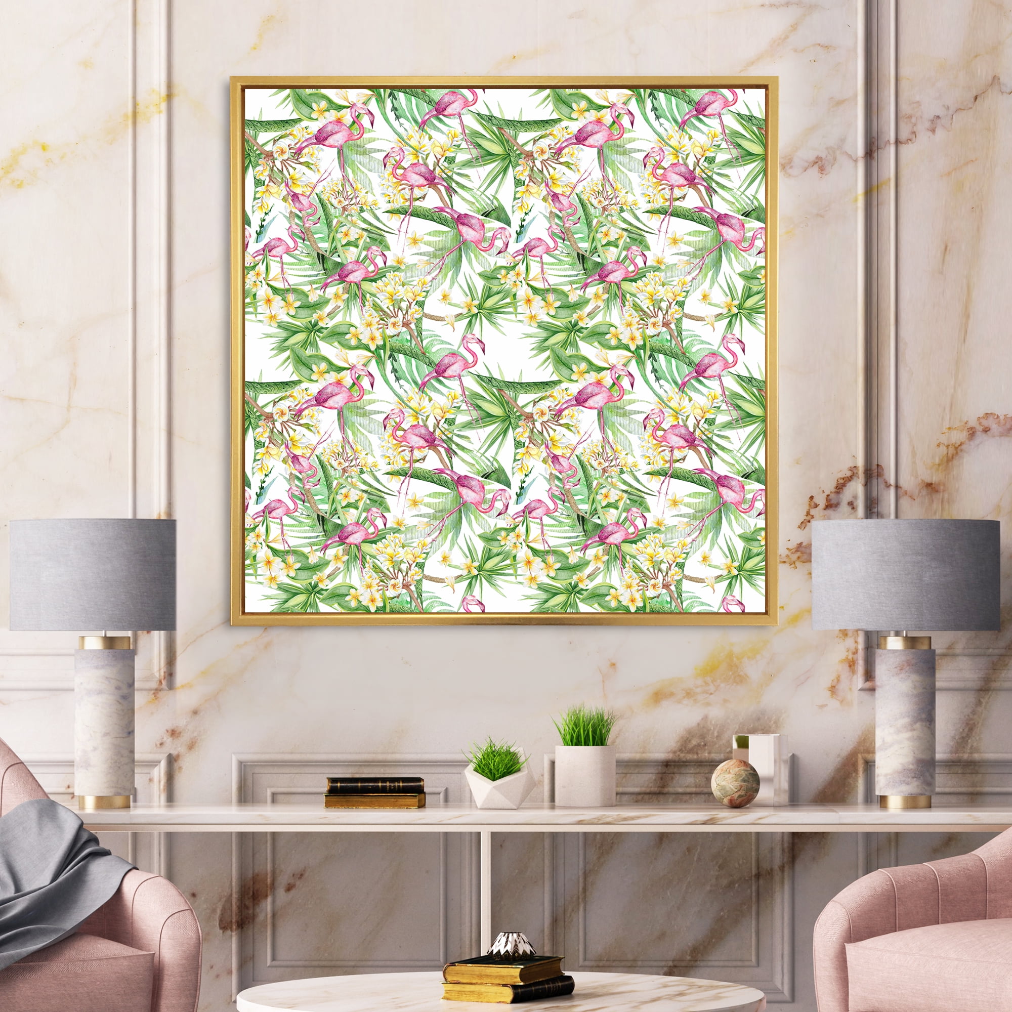 Designart 'Yellow Flowers, Tropical Foliage With Flamingo II' Modern Framed Canvas Wall Art Print