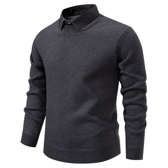 Kilaqueen Men's Winter Knitted Sweater Fake Two Piece Lapel Collar Shirt Base Textured Casual Long Sleeve Fashion Thermal Pullover Tops