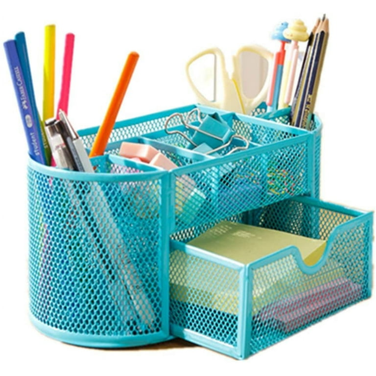 Desk Organizers and Accessories for Women with Drawer, Cute Desk Supplies  and Stationary Oganizer for Home and Office Desk Decor, Metal Mesh Desk  Organization and Storage - Blue 