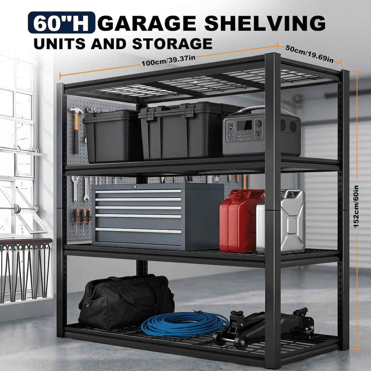 Heavy Duty Garage Shelving Unit, 4-Tier Metal Storage Shelves, Adjustable Freestanding Industrial Garage Shelf Rack, Durable Steel Storage Rack for Basement, Workshop, Warehouse, 40"W x 20"D x 60"H