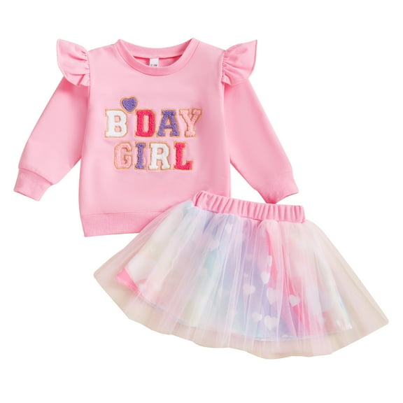 Okbabeha Little Girl Birthday Outfit Flying Sleeve Letter Sweatshirt Tulle Skirt