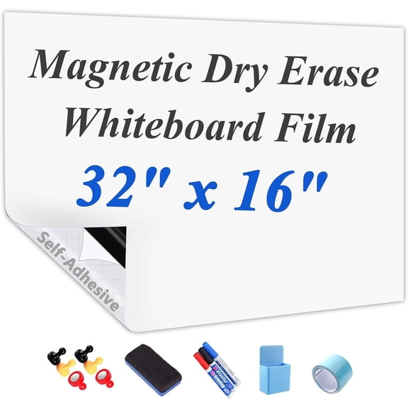 Self-Adhesive Magnetic Dry Erase Whiteboard Sticker, 32" x 16" | Peel and Stick Magnetic White Board Wall Decal, Includes Marker, Eraser & Magnets for Home, Office & Classroom