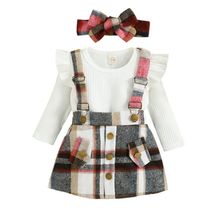 

3Pcs Baby Girl Clothes Set Ribbed Long Sleeve Ruffled Romper + Plaid Print Suspender Skirt + Headband Autumn Winter Outfit