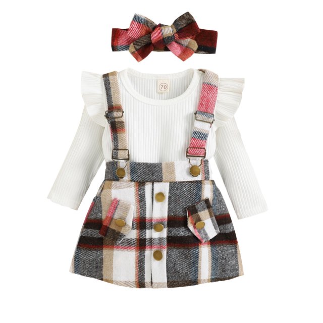 Faithtur Toddler Baby Girl Spring Clothes Set, Solid Ribbed Long Sleeve Ruffled Romper + Plaid Print Suspender Skirt + Headband